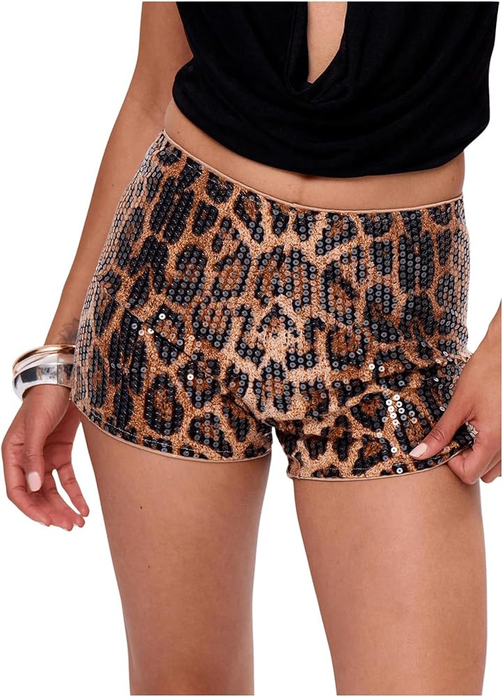 SHENHE Women's Leopard Print Sequin Shorts Low Rise Sparkly Mini Shorts Y2k Sexy Rave Shorts | Amazon (US)