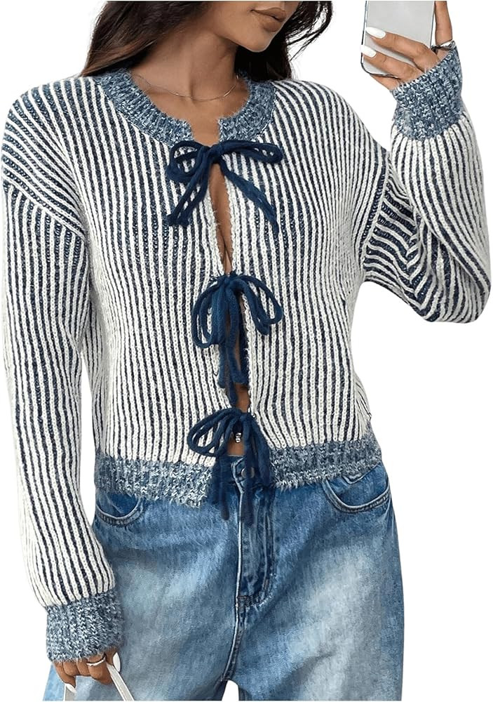 Women's Striped Tie Front Crew Neck Cardigans Drop Shoulder Long Sleeve Crop Sweater | Amazon (US)