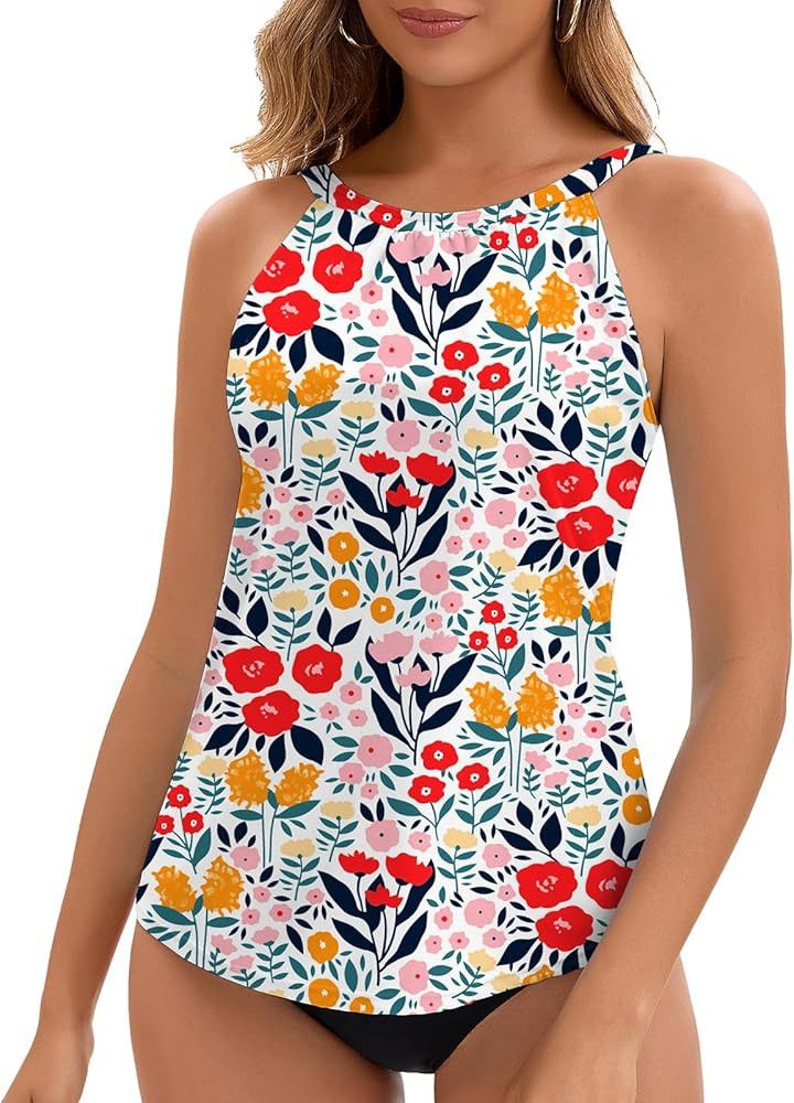 Soneven Womens' High Neck Tankini Top Only Bathing Suit Modest Swimsuit Swim Top | Amazon (US)