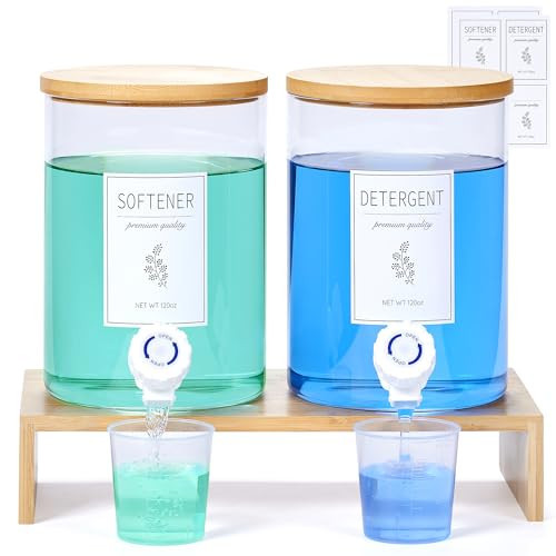 Glass Laundry Detergent Dispenser with Shelf & Bamboo Lid - 120 Oz Liquid Detergent, Laundry Soap & Fabric Softener Dispenser for Laundry Room Organization and Storage with 2 Cups & 8 Labels | Amazon (US)