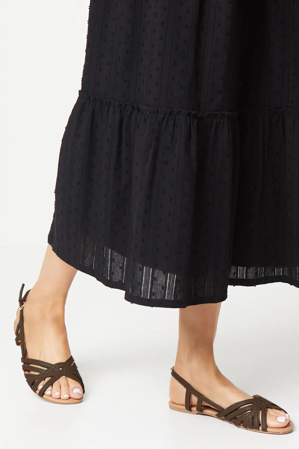 Chocolate Dorothy Perkins Fiona Lattice Peep Toe Slingback Faux Leather Flat Sandals | Debenhams | Debenhams UK
