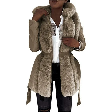 Drses Women s Wool Pea Coat Faux Fur Jacket Winter Warm Parka Overcoat with Belt | Walmart (US)