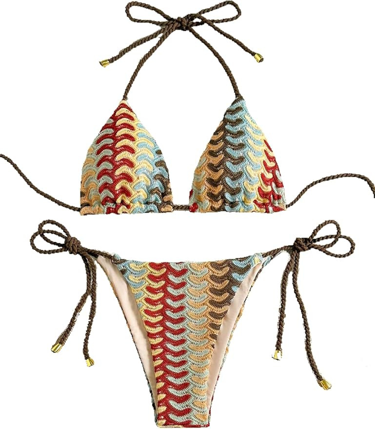 ZAFUL 2 Piece Triangle Bikini for Women Knitted Rope Halter Bikini Sets Sexy Bathing Suit Side Ti... | Amazon (US)