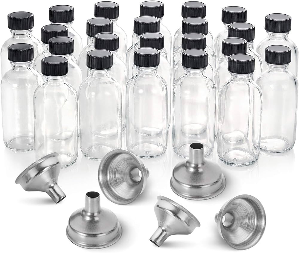 24, 2 oz Small Clear Glass Bottles (60ml) with Lids & 3 Stainless Steel Funnels - Boston Round Sa... | Amazon (US)