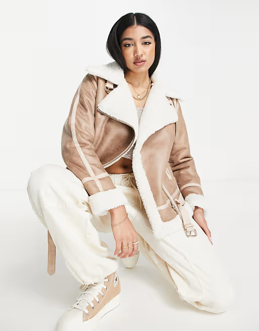 Miss Selfridge longline borg aviator jacket in mink | ASOS | ASOS (Global)
