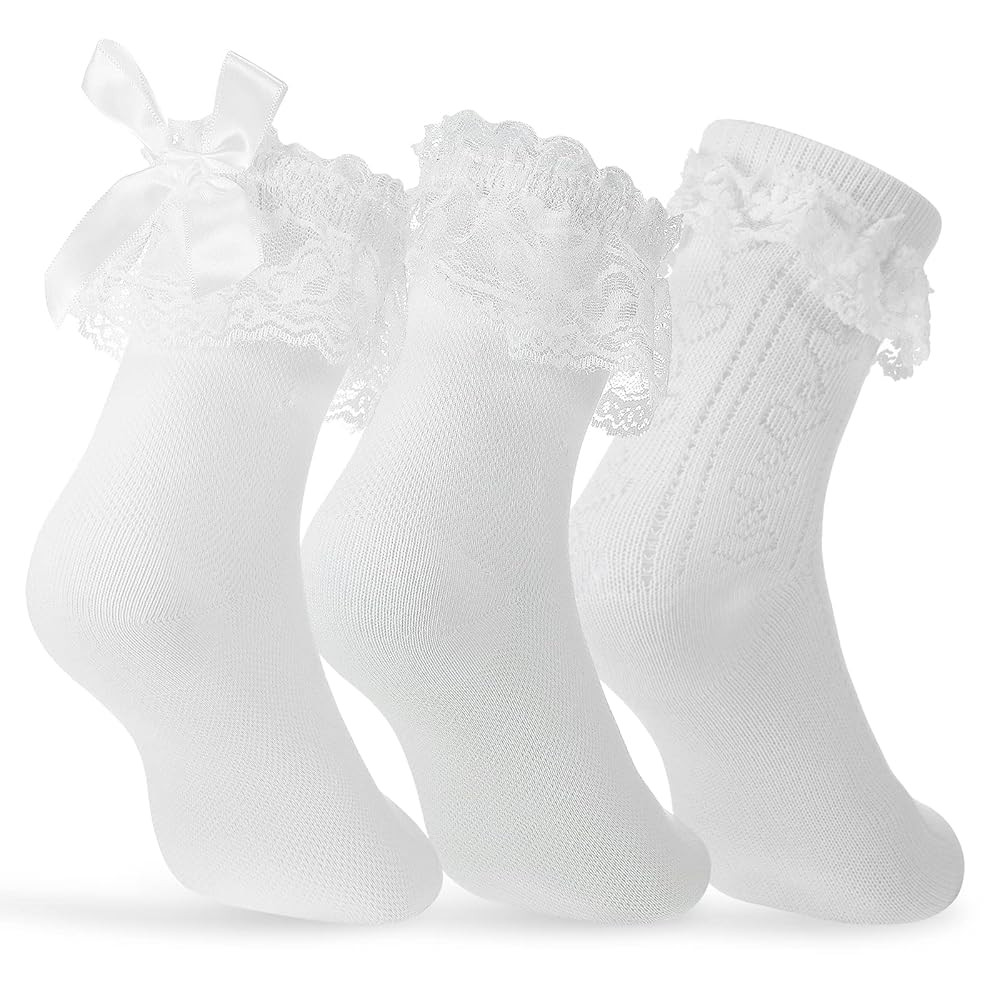 3 Pairs Women's Ruffle Socks Girls Lace Topped Ankle White Frilly Socks with Bowties Cotton Princ... | Amazon (UK)