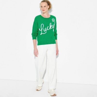 Women's Lucky Graphic Pullover Sweater - Green XL | Target