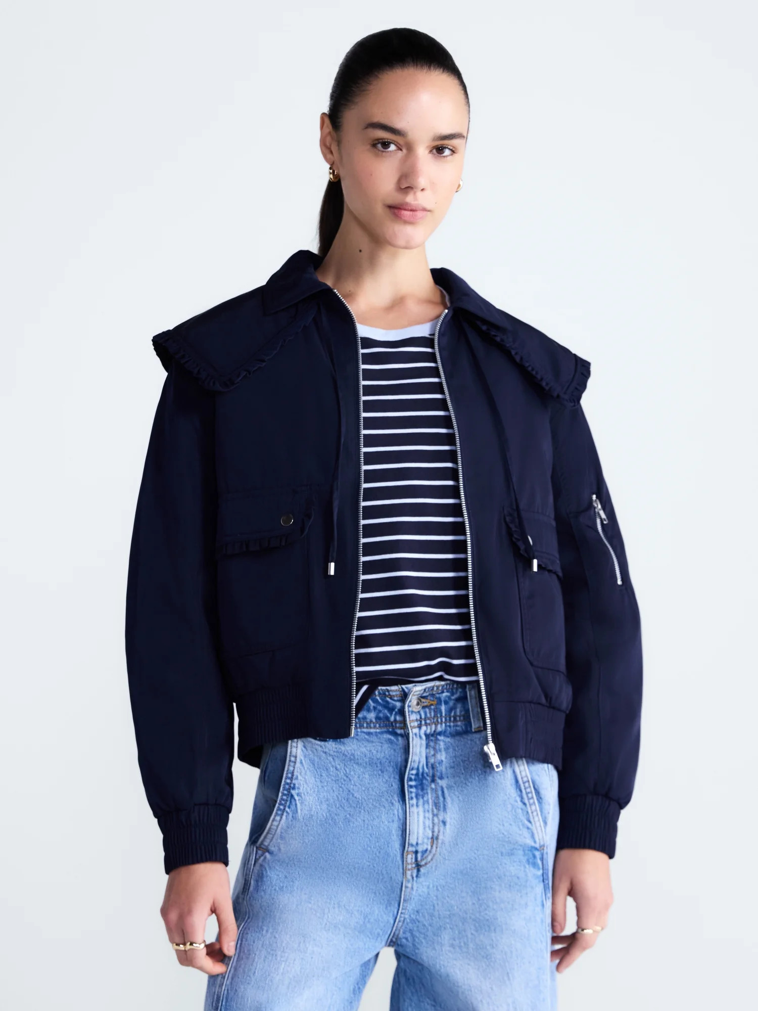 Free Assembly Women's and Women's Plus Ruffle Collar Bomber Jacket, Sizes XS-4X | Walmart (US)