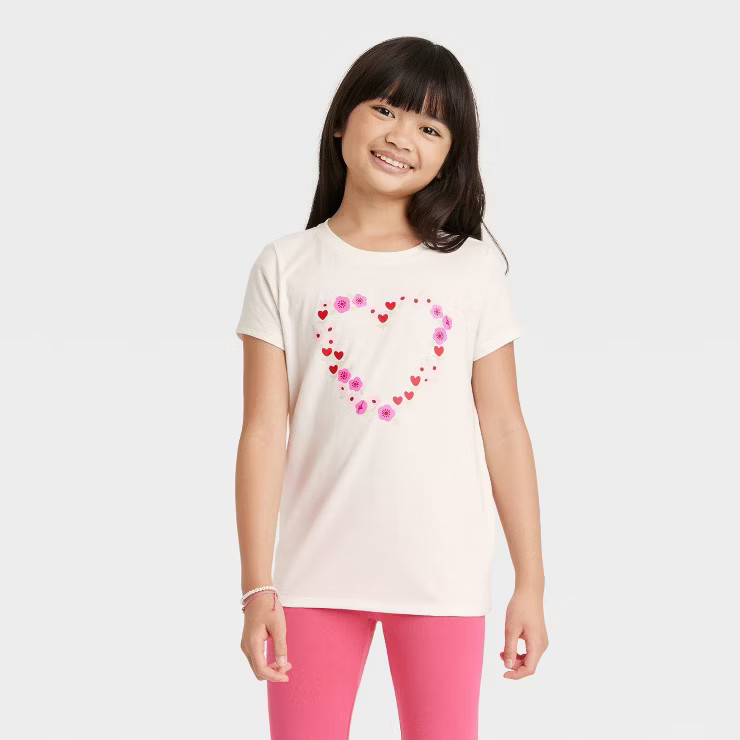Girls' Valentine's Day 'Heart' Short Sleeve Graphic T-Shirt - Cat & Jack™ Cream | Target