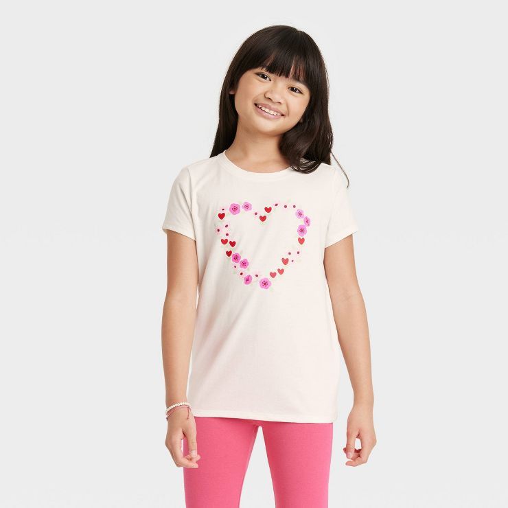 Girls' Valentine's Day 'Heart' Short Sleeve Graphic T-Shirt - Cat & Jack™ Cream | Target