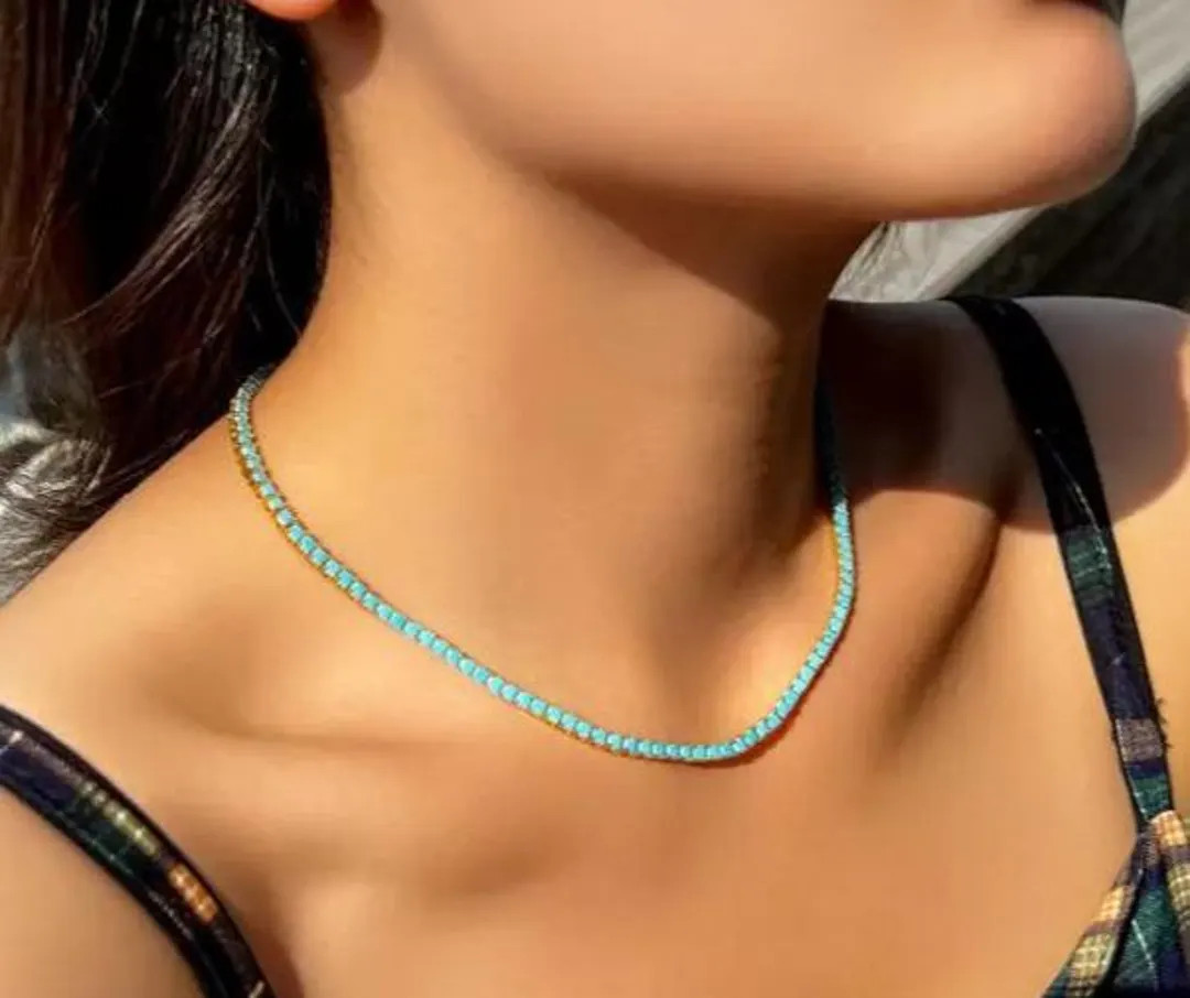 Yellow Gold Plated 3mm Round Turquoises Tennis Chain Necklace 17" Best Gift for Women - Etsy | Etsy (US)