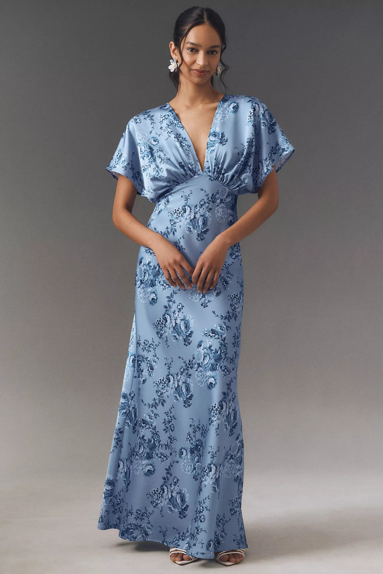 BHLDN Leila Deep-V Flutter-Sleeve Satin A-Line Gown | Anthropologie (US)