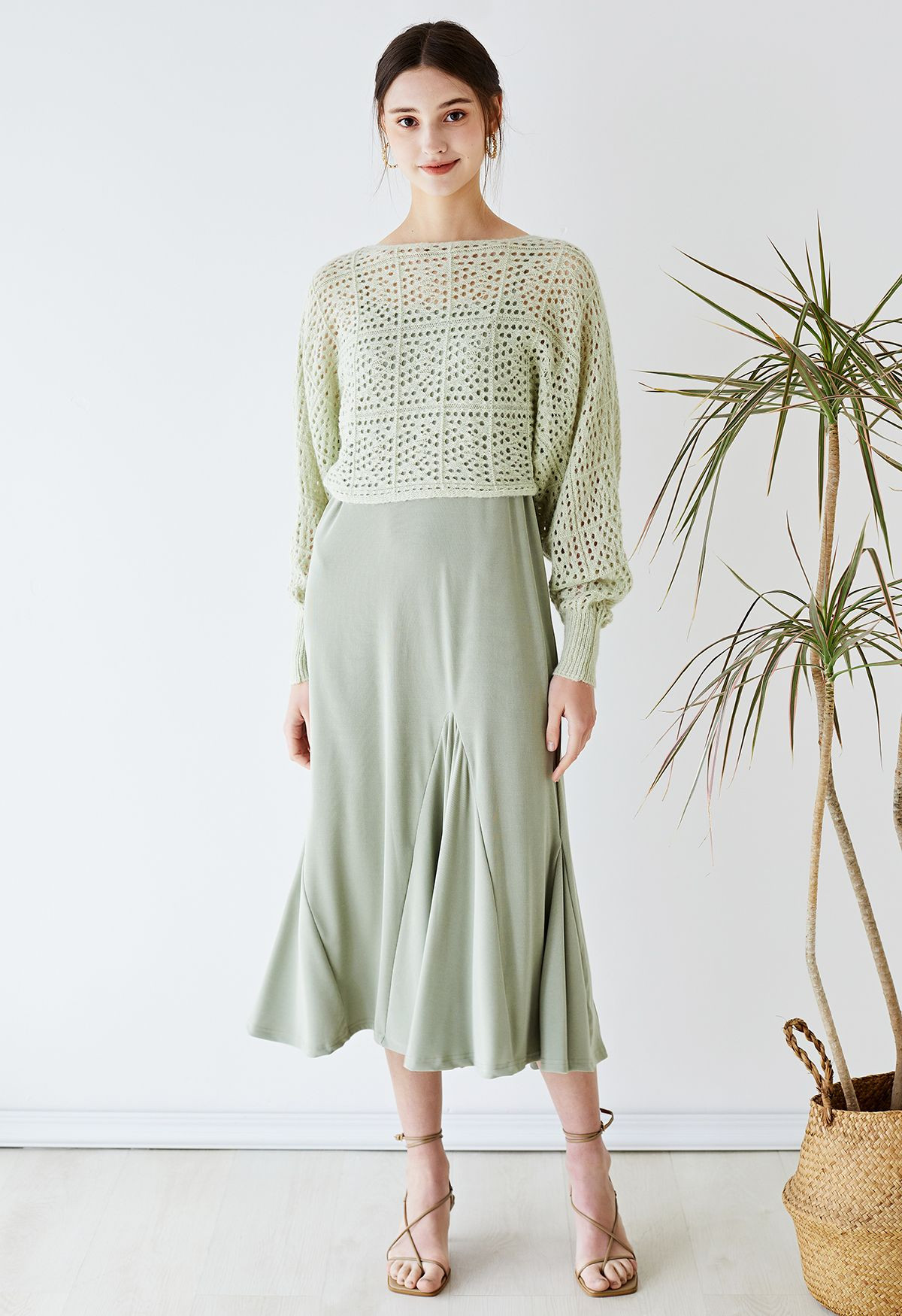 Plain Color Frilling Hem Cami Dress in Pistachio | Chicwish