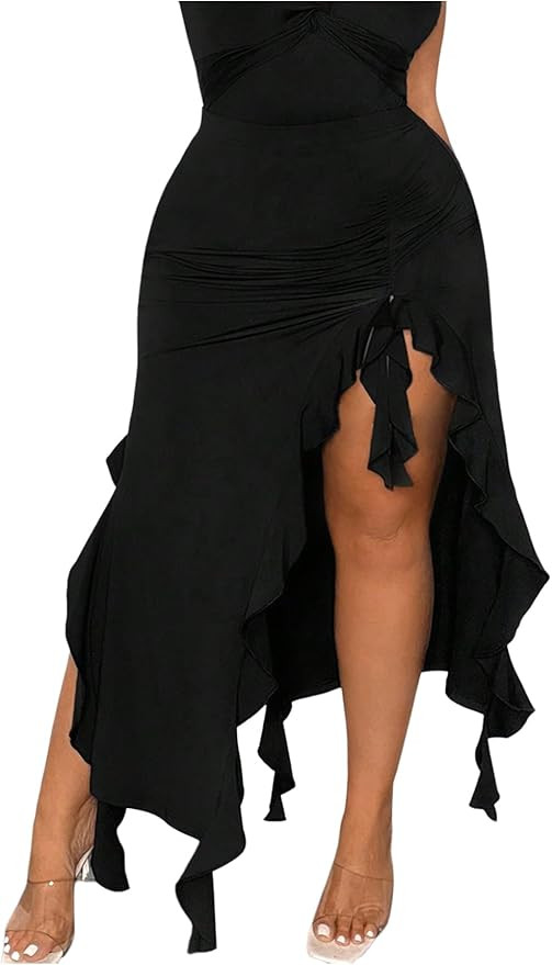 Floerns Women's Plus Size Asymmetrical Ruffle Hem Long Skirt Party Bodycon Skirts | Amazon (US)