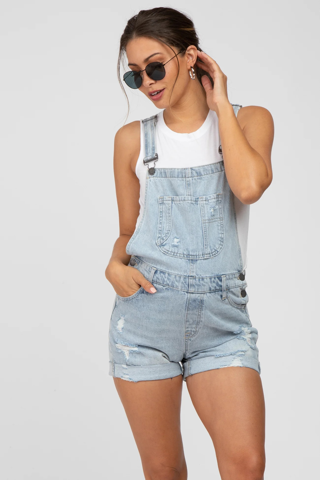 Light Blue Distressed Maternity Denim Short Overalls | PinkBlush Maternity