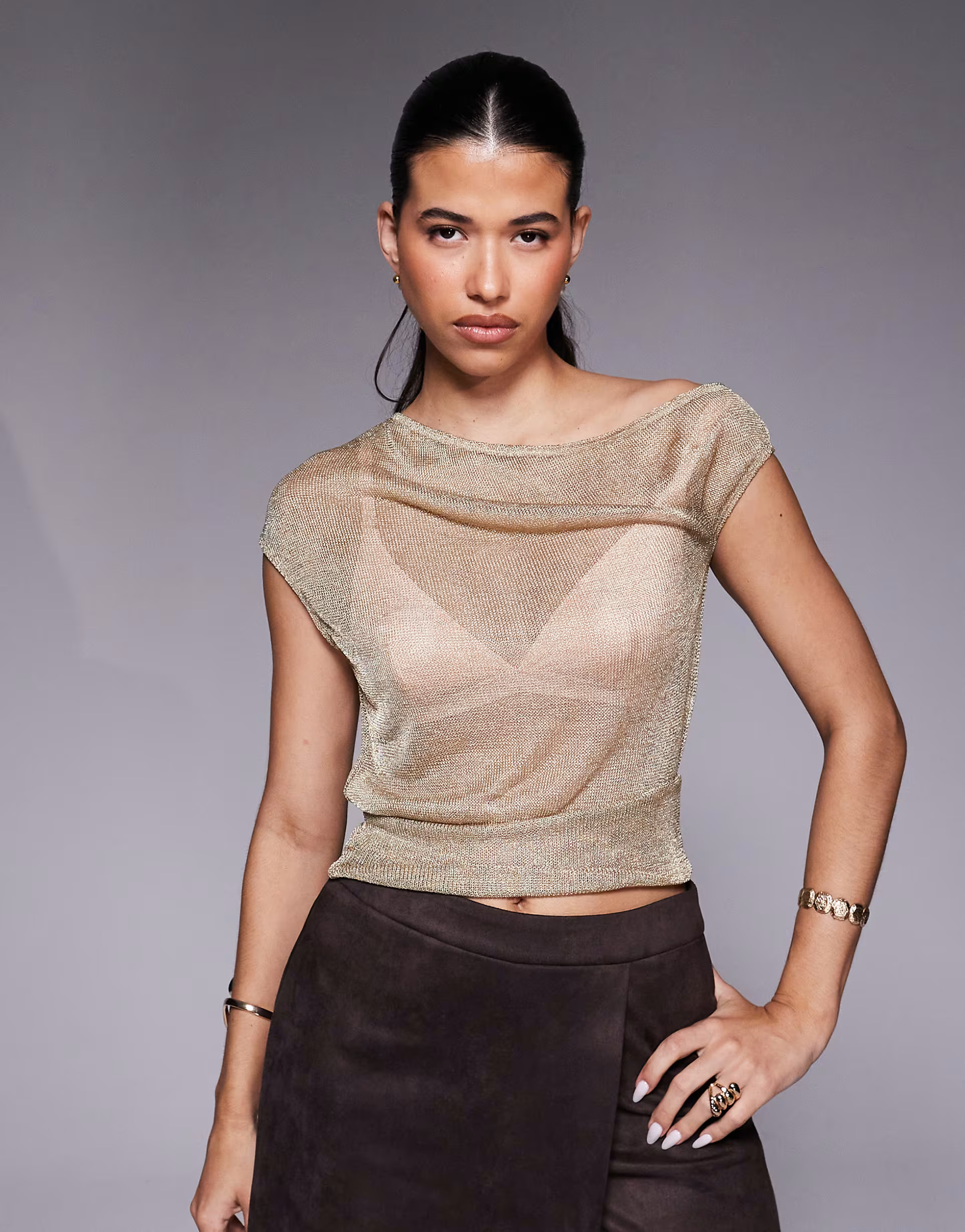 ASOS DESIGN knit one shoulder asymmetric semi sheer top in gold | ASOS (Global)