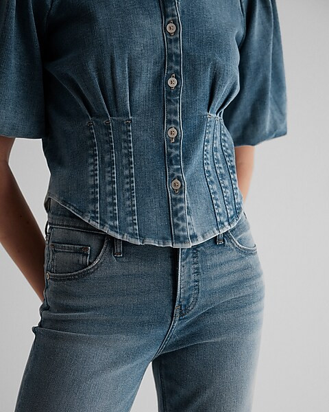 Denim Puff Sleeve Corset Button Up Shirt | Express