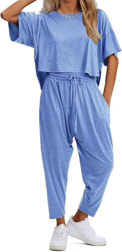 EXLURA Women's Summer 2 Piece Outfits Short Sleeve Crop Top and Jogger Pants Loose Pajama Lounge ... | Amazon (US)