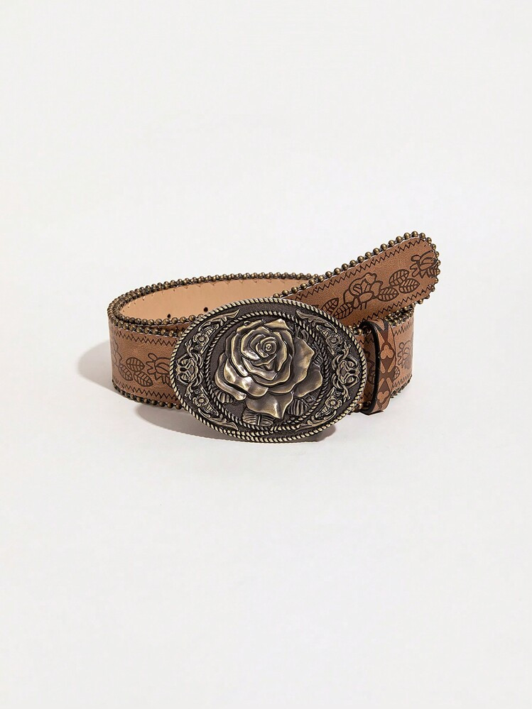 Boho 1pc Western Style Printed Lady Belt With Rose Buckle Halloween Valentine's Day Valentines Summer, School Fall, Autumn, Halloween | SHEIN
