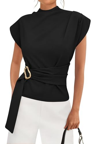 PRETTYGARDEN Women Blouses Spring Dressy Cap Sleeve Mock Neck Work Shirts Buckle Tunic Summer Business Casual Tops 2026(Black,Large) | Amazon (US)