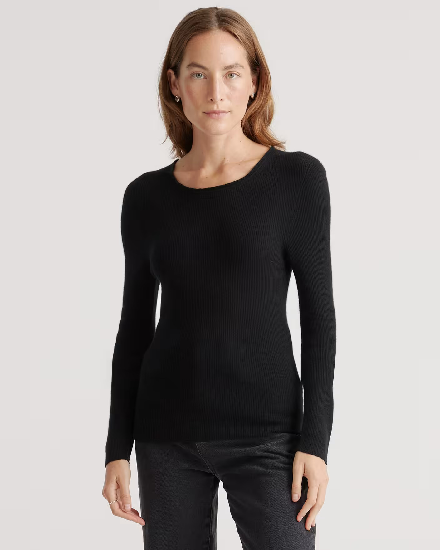Featherweight Cashmere Ribbed Crewneck Sweater in Black | Quince