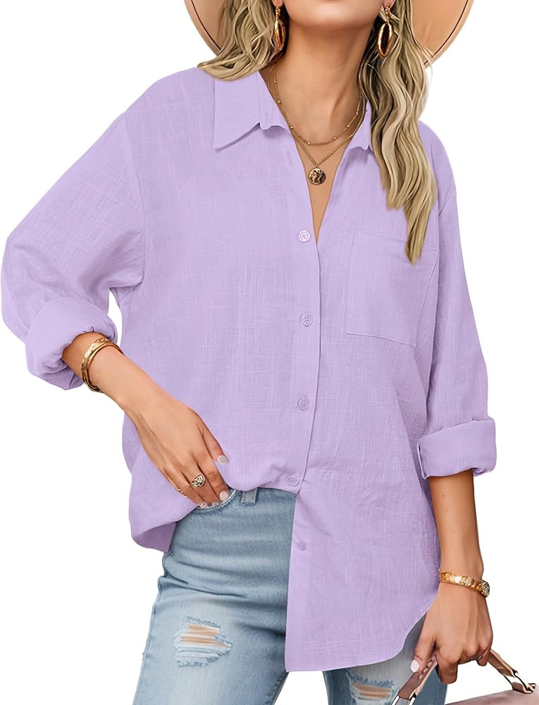 Zeagoo Womens Button Down Shirts Long Sleeve Cotton Gauze Tops Casual Collared Blouses Loose Fit | Amazon (US)