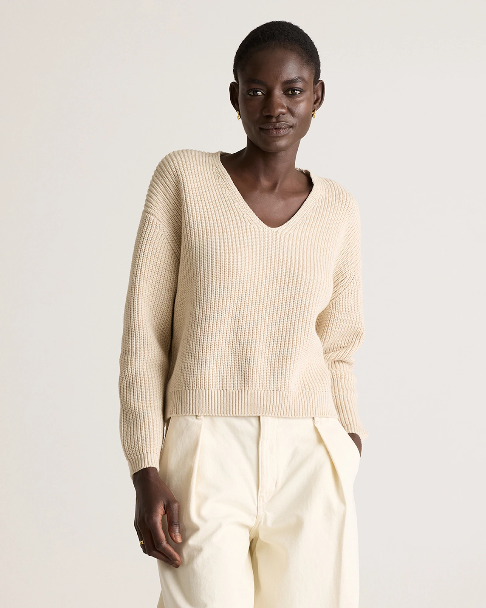 100% Organic Cotton Fisherman V-Neck Sweater | Quince