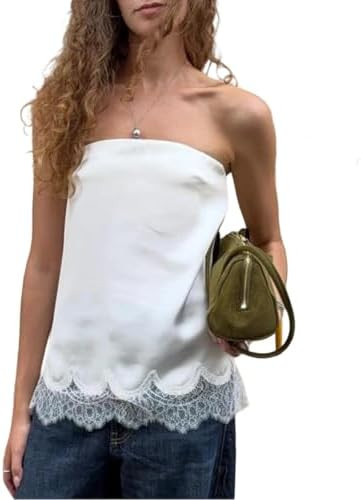 Women Y2K Lace Trim Satin Tube Top Silk Strapless Loose Bandeau Top Sexy Going Out Layering Shirt... | Amazon (US)