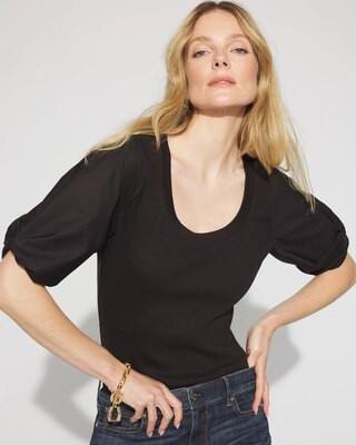 Women's Ribbed Poplin Twist Sleeve Tee in Black size XL | White House Black Market | White House Black Market