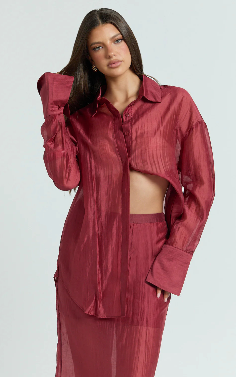 Amalia Top - Sheer Concealed Placket Collared Shirt in Cherry | Showpo (US, UK & Europe)