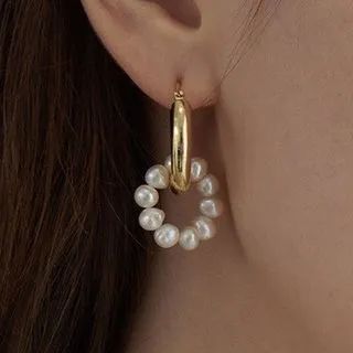 Faux Pearl Hoop Dangle Earring 1 Pair - White & Gold - One Size | YesStyle Global