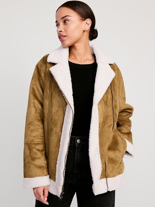 Faux-Suede Sherpa-Lined Moto Jacket for Women | Old Navy (US)