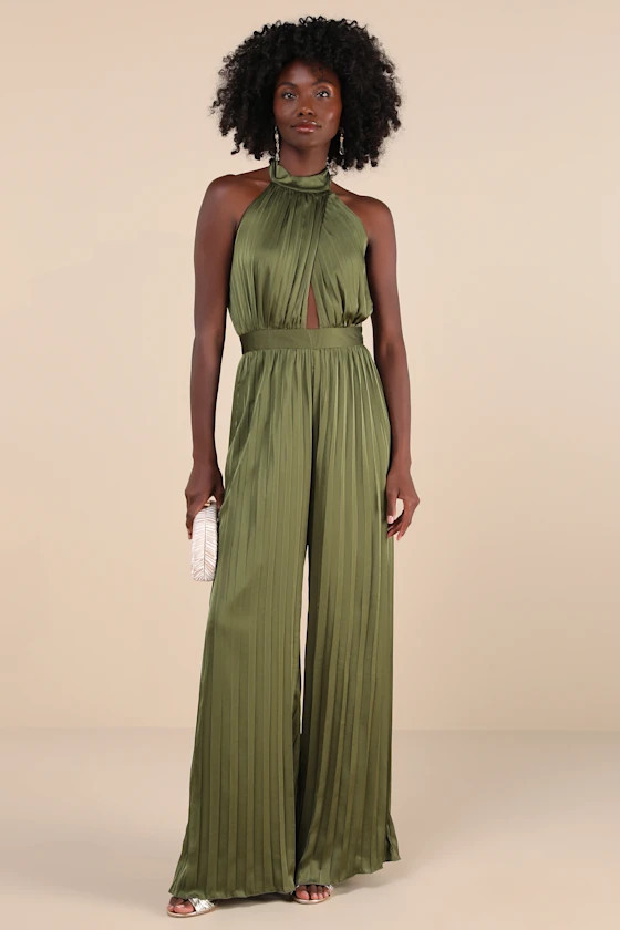 Confident Impression Olive Green Satin Pleated Halter Jumpsuit | Lulus