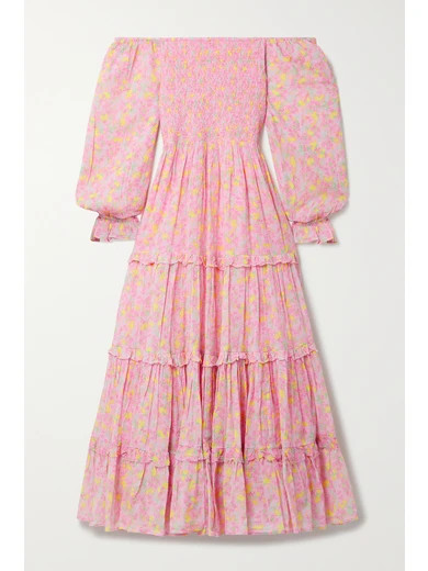 LoveShackFancy - Capri Tiered Shirred Floral-print Cotton-voile Midi Dress - Pink | NET-A-PORTER (US)