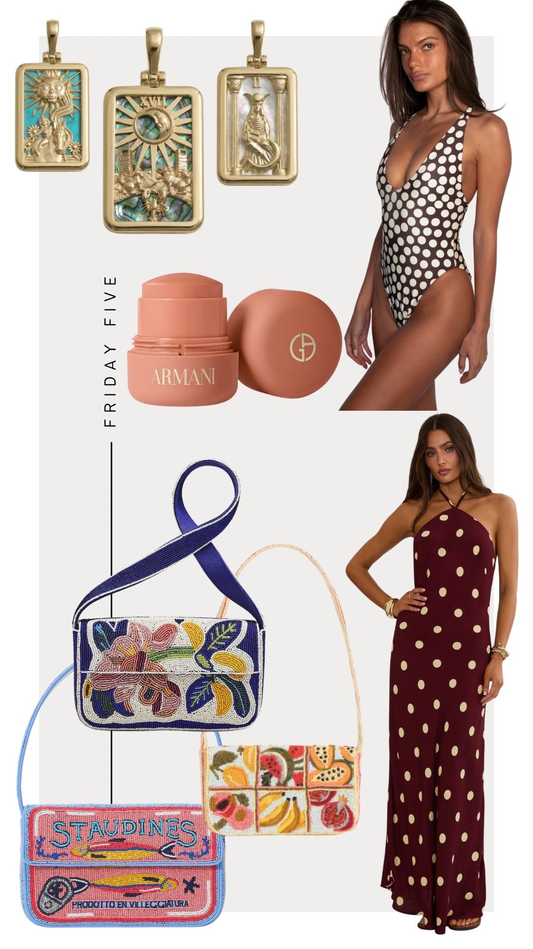 Friday Five: 7-24-26
1. Awe Inspired Tarot Charms 
2. Skatie Tiramisu Print (find on my ShopMy) 
3. Armani Beauty Dolci Blush 
4. Beaded Bags (Staud linked on my ShopMy) 
5. Beach Riot Polka Dot Dress

#LTKootd #LTKSwim #LTKBeauty