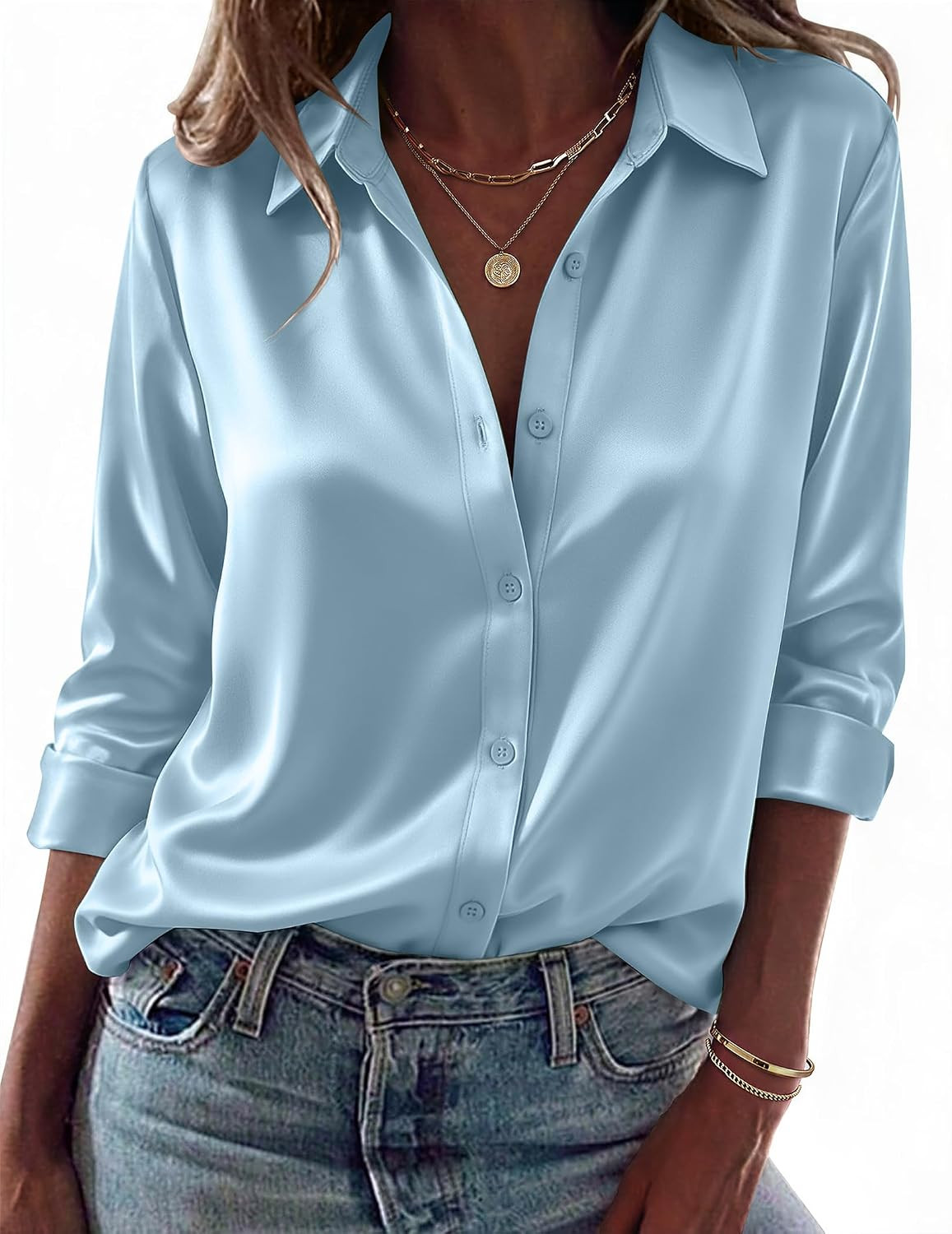 Zeagoo Womens Tops Long Sleeve Satin Silk Button Down Shirts Dressy Blouses | Amazon (US)
