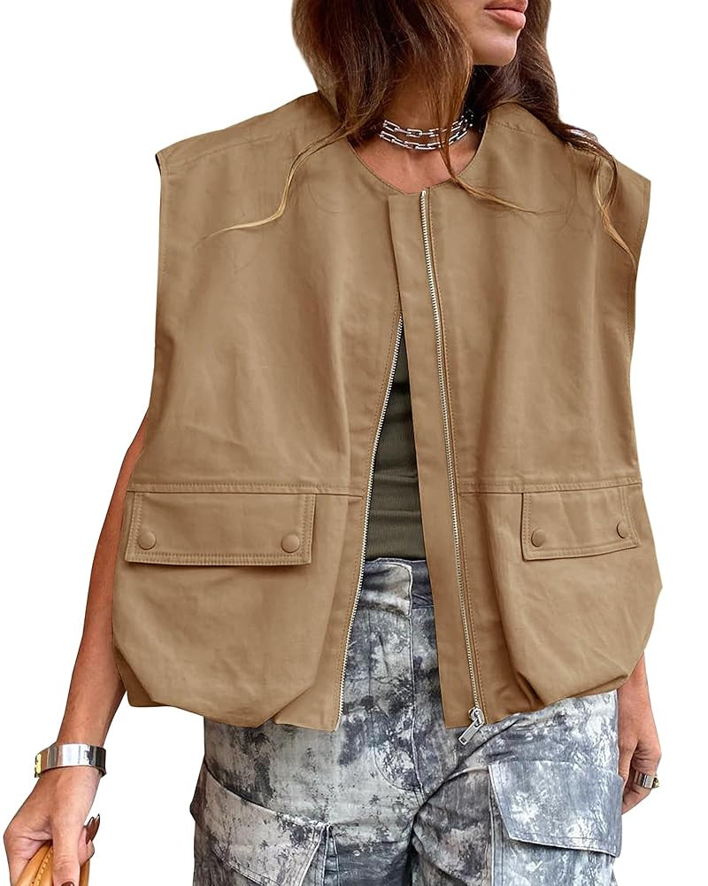 Acrawnni Cargoweste für Damen, übergroße Größe, lässig, ärmellos, lockere Passform, durchg... | Amazon (DE)