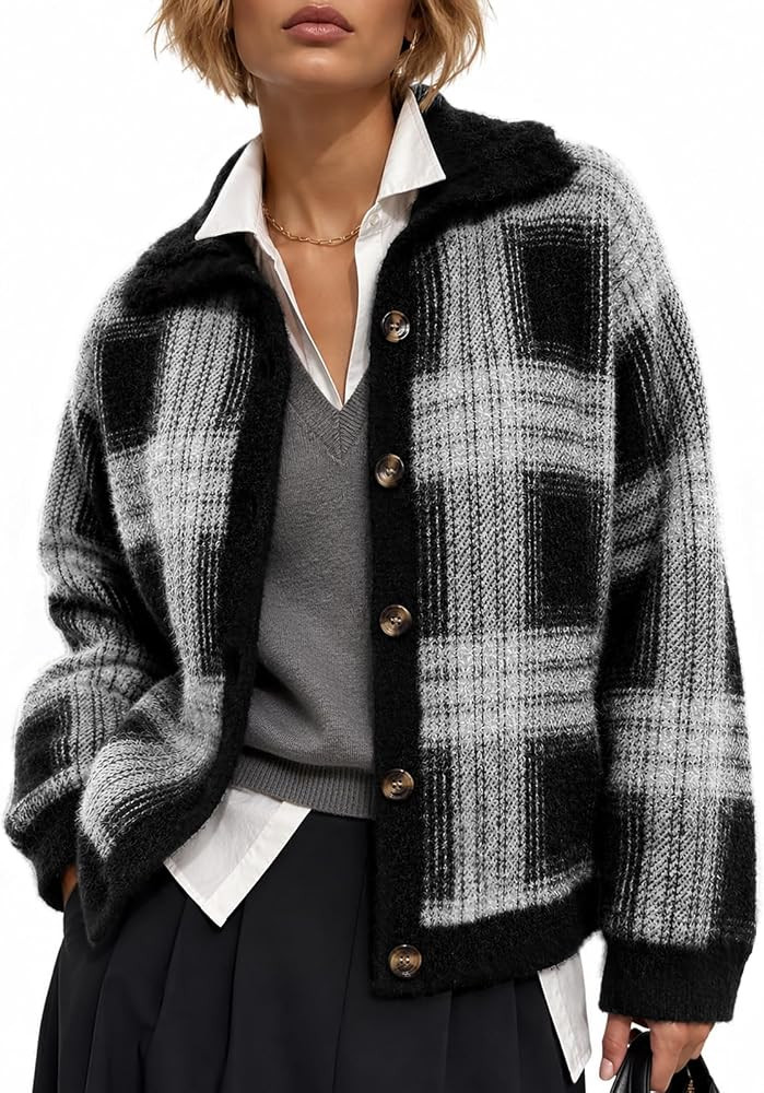 CiCiBird Womens Plaid Sweater Jacket Chunky Knit Cardigan | Amazon (US)