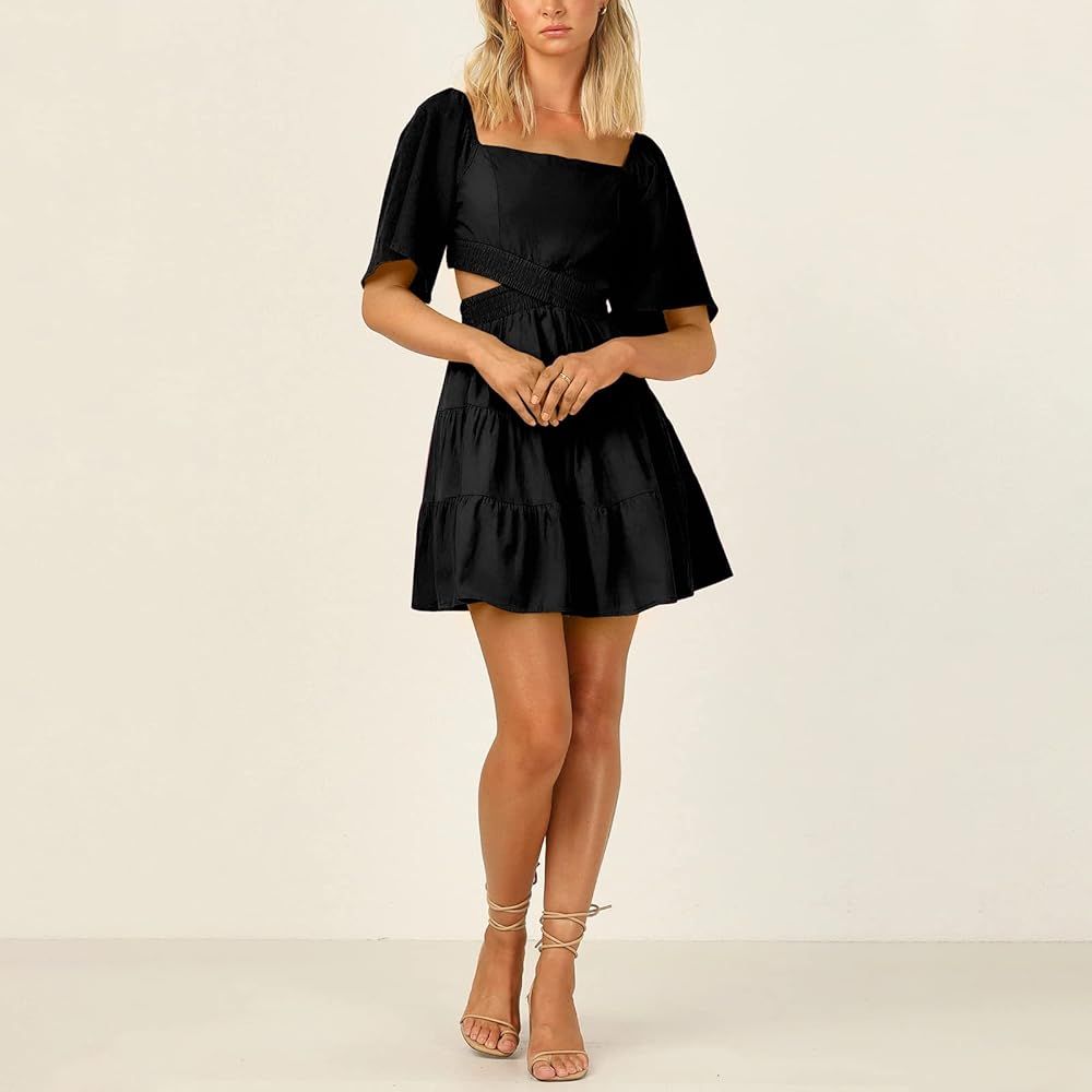 Shy Velvet Women's Summer Dress Square Neck Short Sleeves Crossover Waist Casual Party Mini Dress... | Amazon (US)