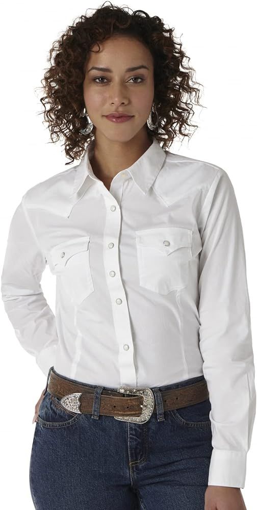 Wrangler Women's Western Two Pocket Snap Shirt, White, Medium | Amazon (US)