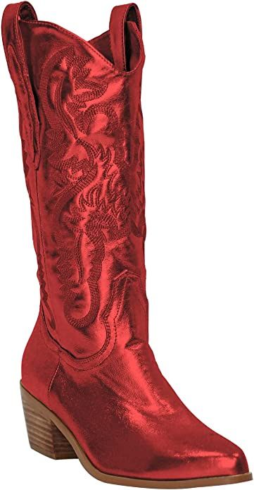 MissHeel Mid Calf Cowgirl Boots Embroidered Block Chunky Heel in Pink Silver | Amazon (US)