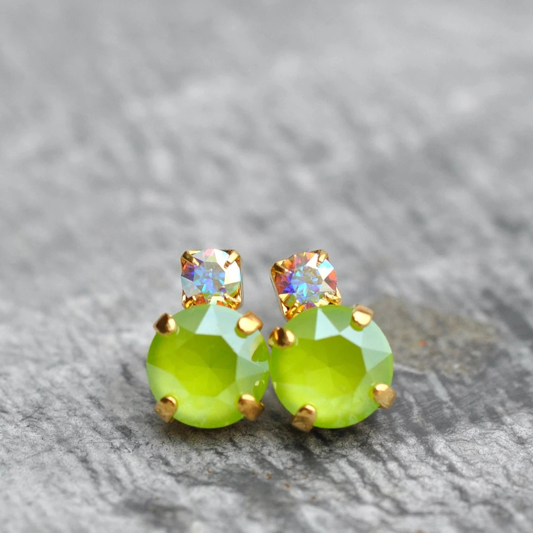 Lime, Lime Earrings, Lime Green Studs, Fluorescent Green, Aurora Borealis, Rainbow Studs, Doublet... | Etsy (US)