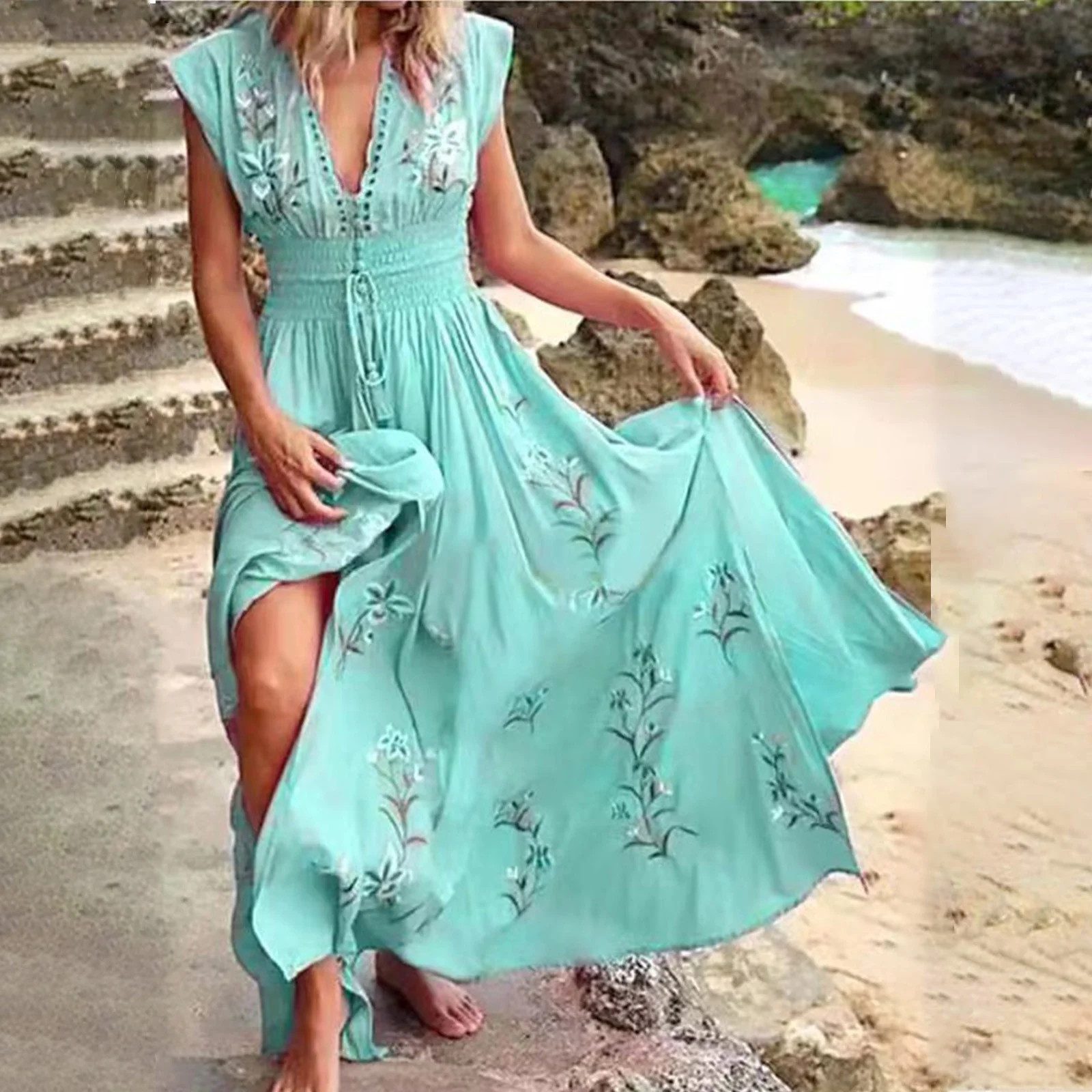 GYEDTR Hawaiian Summer Maxi Dresses Tunic Holiday Dresses For Women Floral Print Side Split Long ... | Walmart (US)