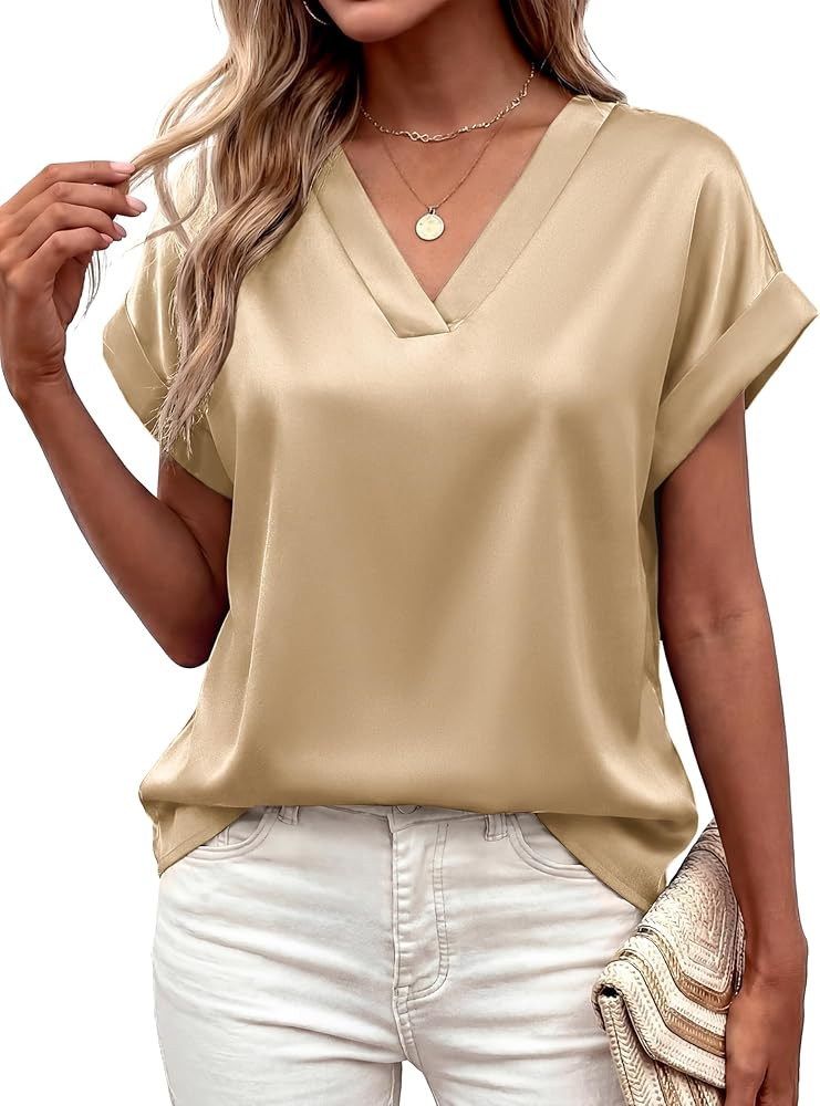 MASCOMODA Womens V Neck Silk Satin Tops Dressy Short Sleeve Work Blouses Spring Summer Loose T Sh... | Amazon (US)