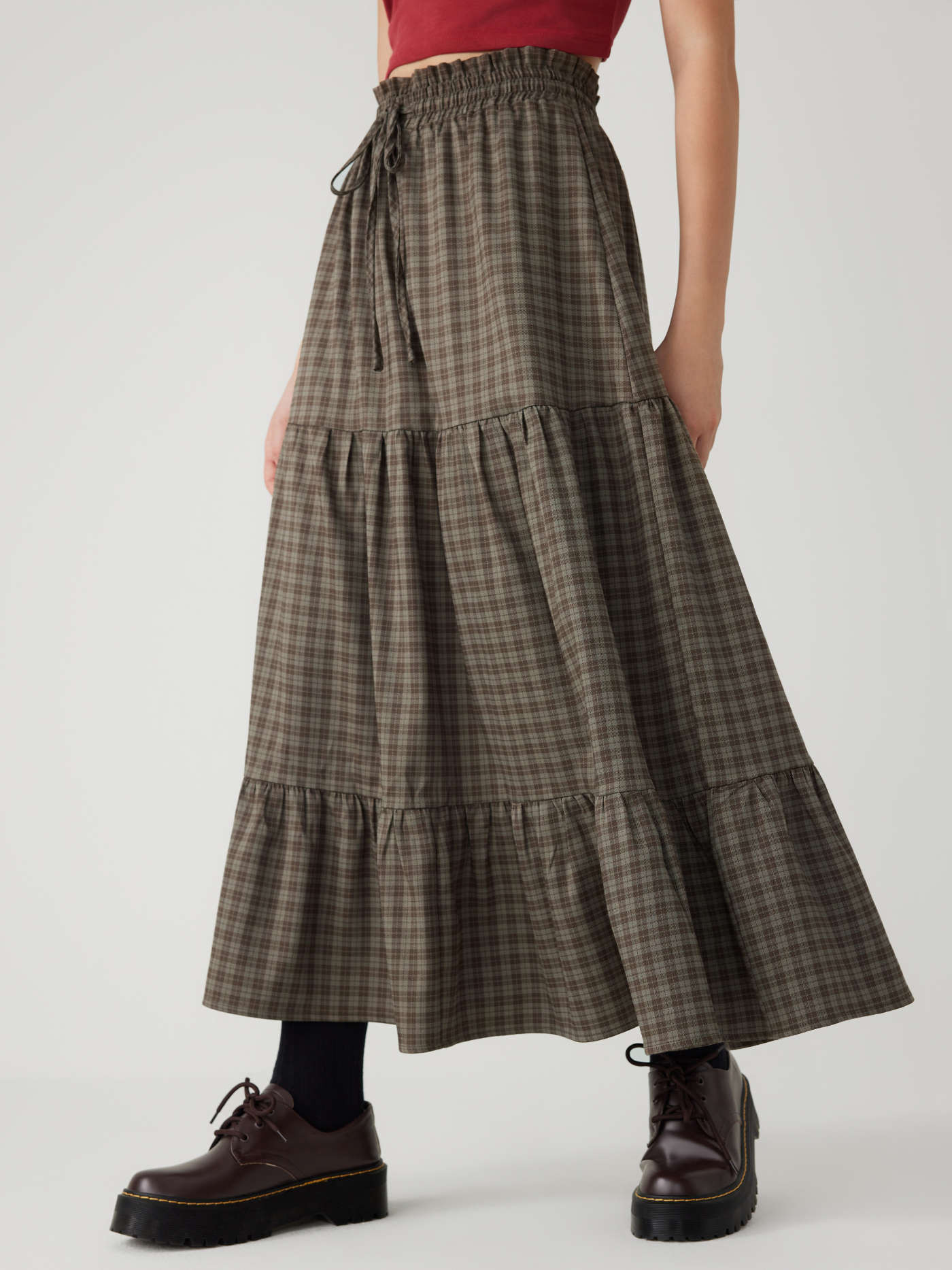 Elastic Waist Check Knotted Tiered Maxi Skirt | Cider