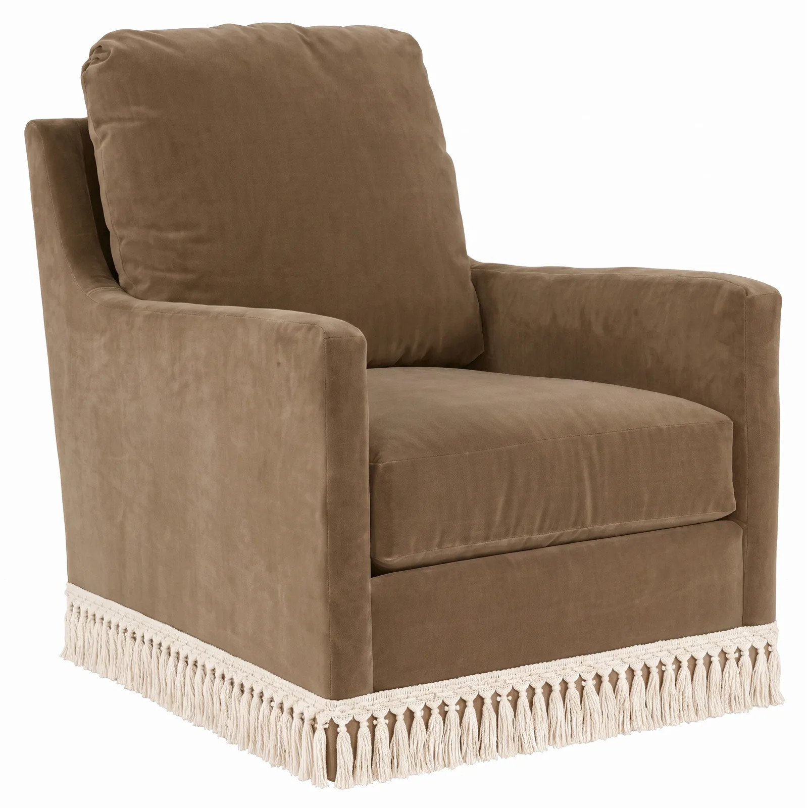 Lucinda Mocha Mist Performance Velvet Swivel Chair With Fringe | Kathy Kuo Home