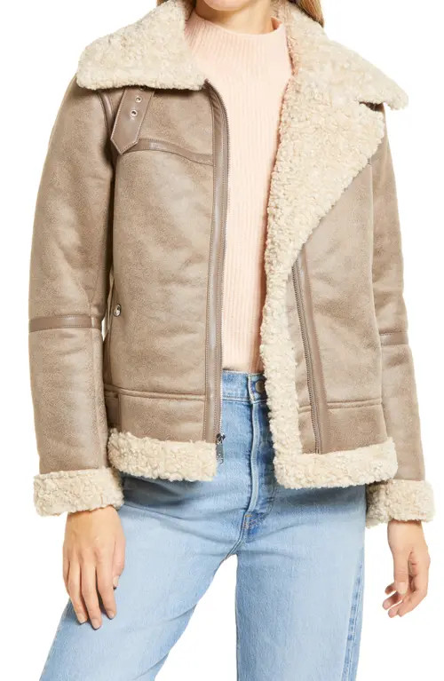 Sam Edelman Short Faux Fur Aviator Jacket in Lt. Khaki at Nordstrom, Size Medium | Nordstrom