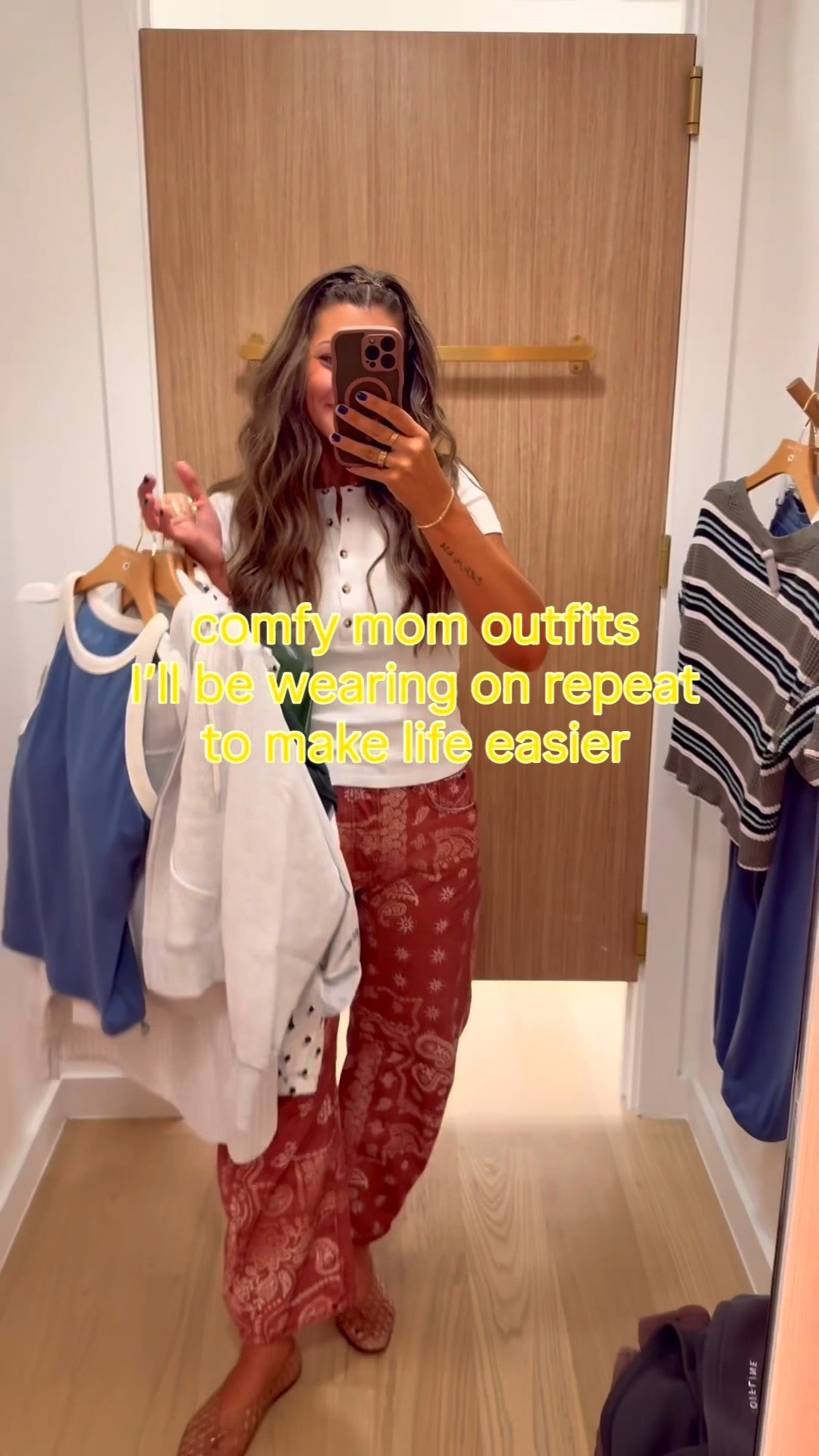 I always size down in aerie 1 to XS other than their activewear- I get my true S in that. I’m wearing XS in everything here except the crossover shorts I did S, the striped waffle shirt paired with them S for extra length and S in the fleece shorts. And I did size up to a M in the long length sports bra tank!! It runs really fitted. 

Mom outfits 
What to wear
Comfy Casual
Activewear
School drop off