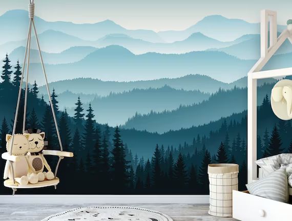 3D Mountain Peel and Stick Wallpaper | Removable Self Adhesive Blue Mountain Mural | Ombre Pine F... | Etsy (US)