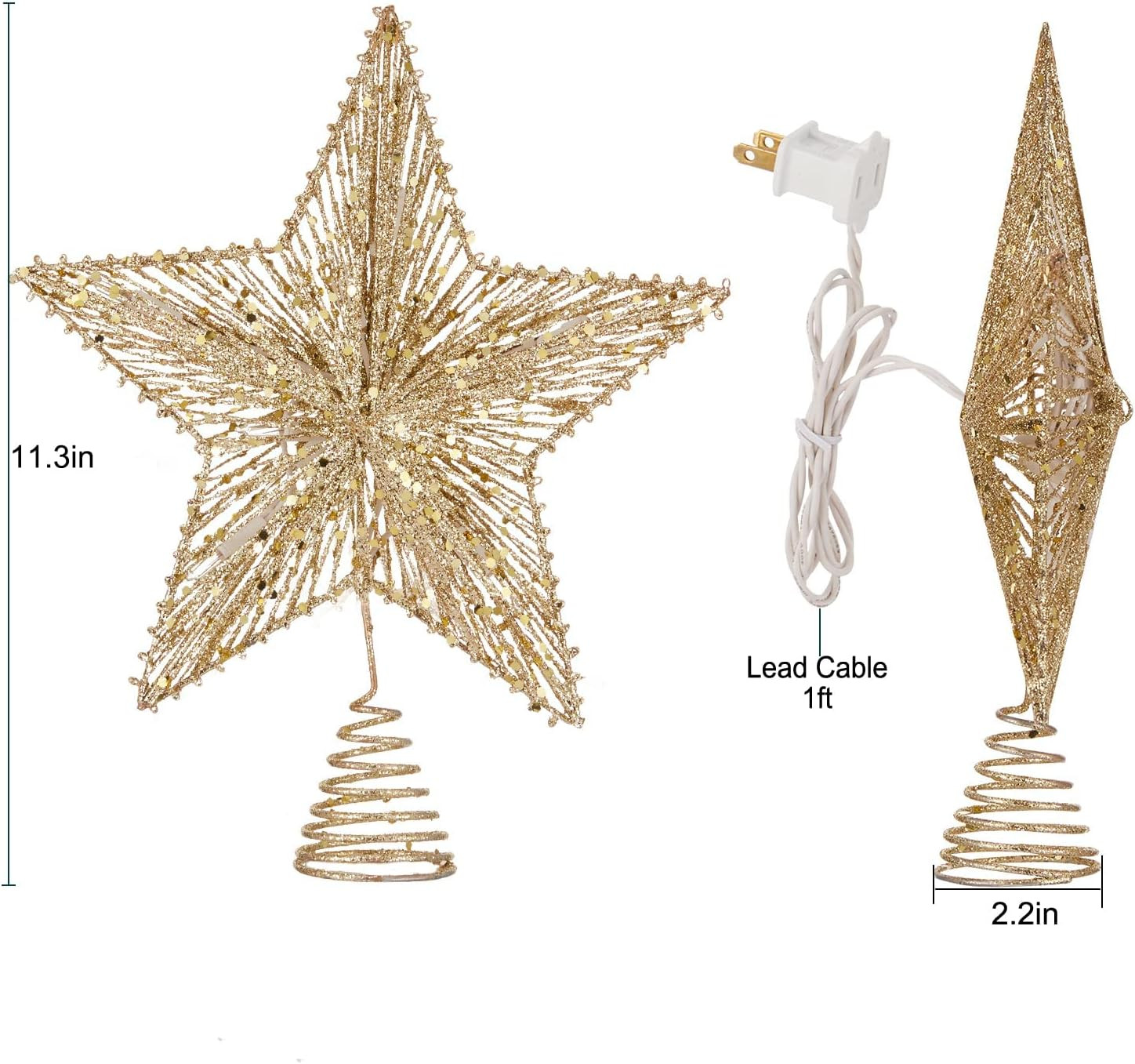 Christmas Star Tree Topper, Plug in 3D Star Tree Topper, 11”Golden Glittered Metal Hollow Desig... | Amazon (US)